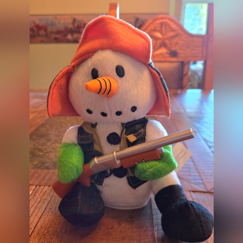 Animated Musical Snowman Plush Jingle Bells Hunting Hunter Shoots Rifle Gemmy
